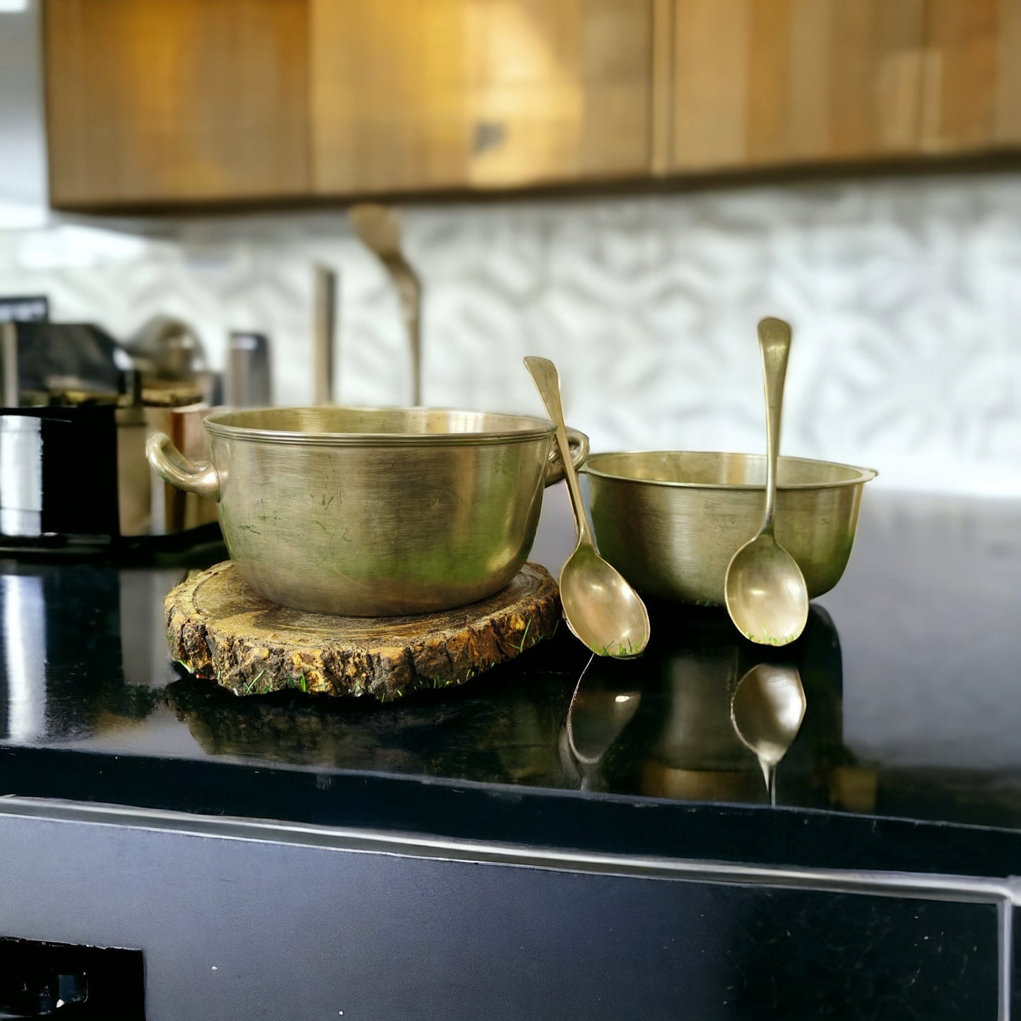 Antique Brass Serving Bowls with Spoons