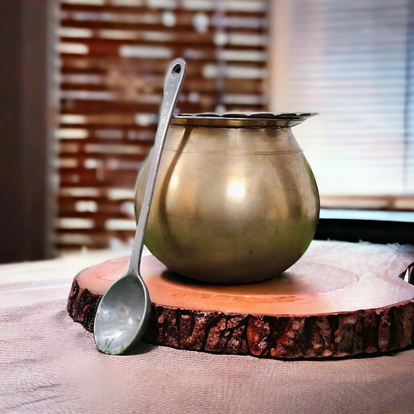 Antique Bronze Cooking Bowl with Ladle and brass lid