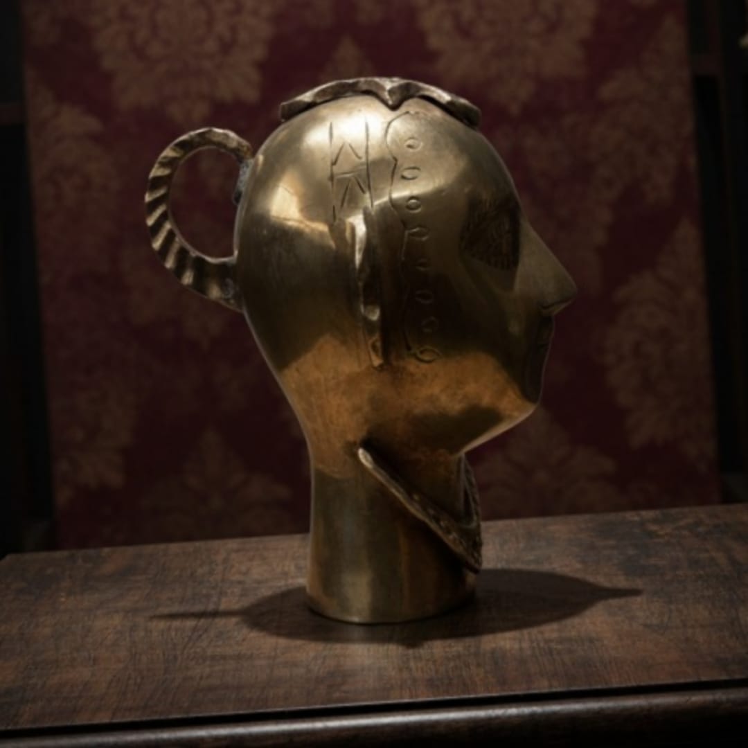 1964 Antique Brass Sculpted Head Décor Piece | Handcrafted Mid-Century Metal Art