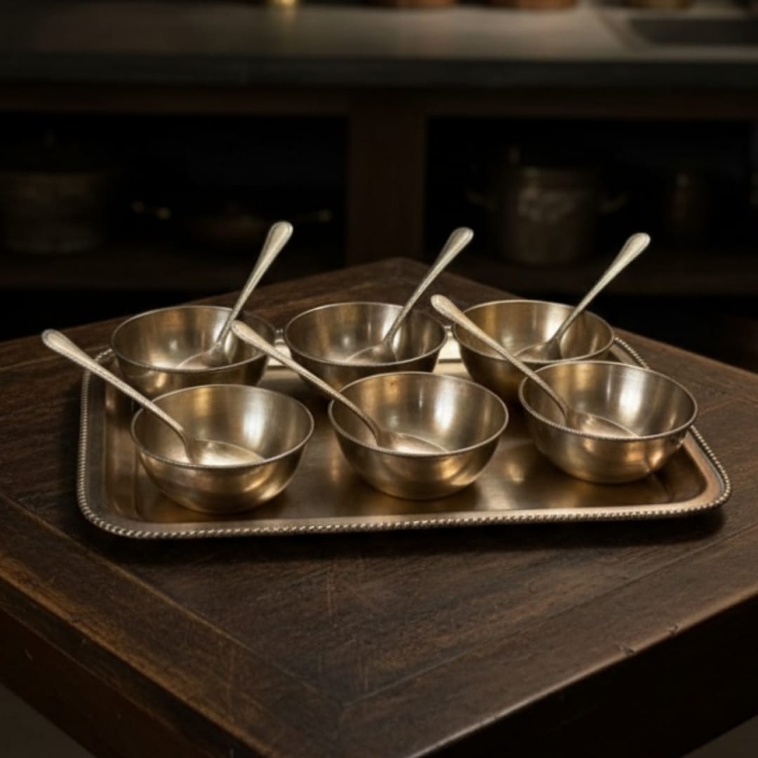 1972 Antique Brass Dessert Bowl Set with Serving Tray | Handcrafted Pital Tableware