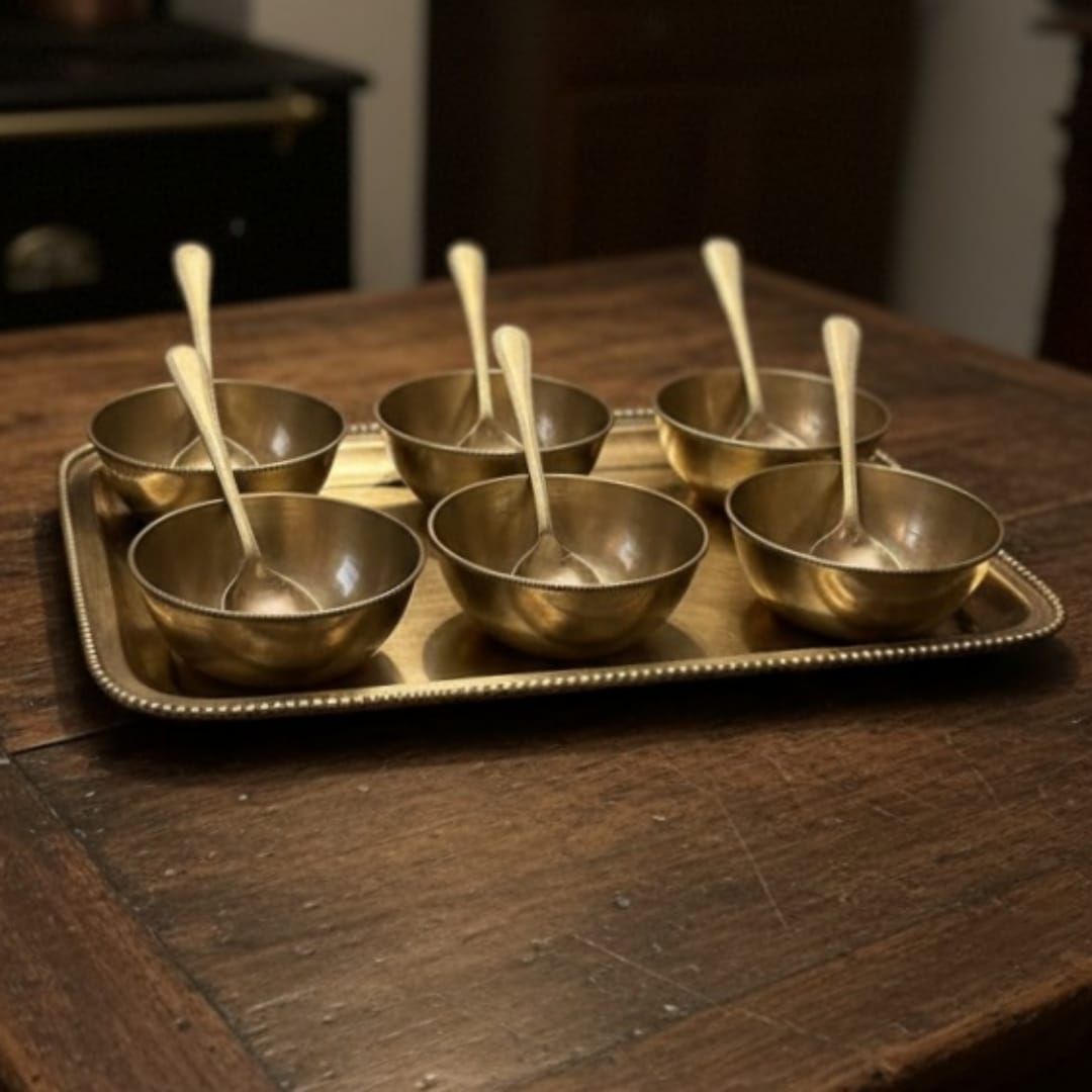 1972 Antique Brass Dessert Bowl Set with Serving Tray | Handcrafted Pital Tableware