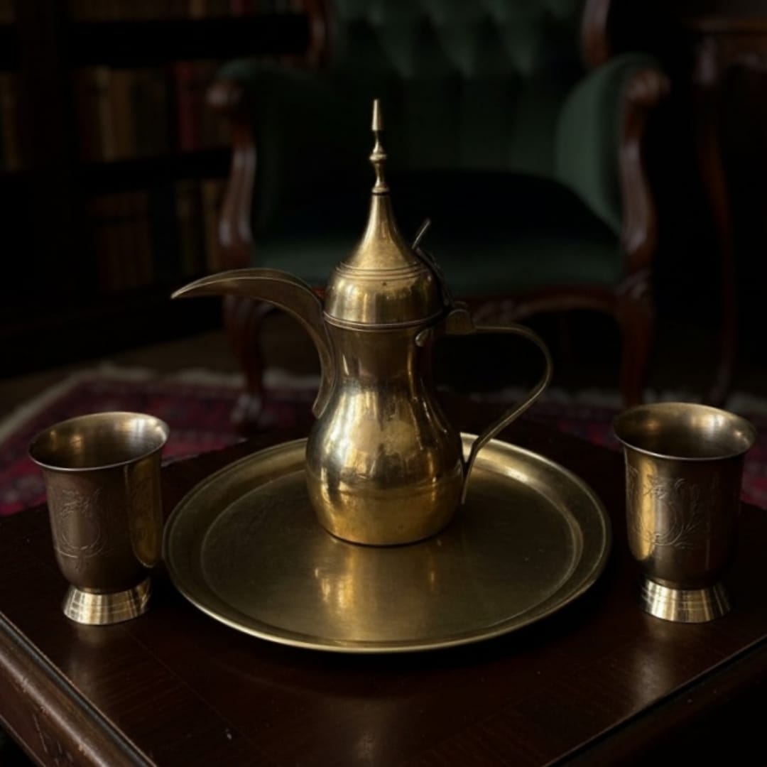 1968 Antique Brass Jug Set with Glasses & Serving Plate | Handcrafted Pital Tableware