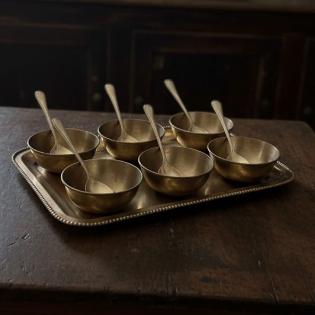 1972 Antique Brass Dessert Bowl Set with Serving Tray | Handcrafted Pital Tableware