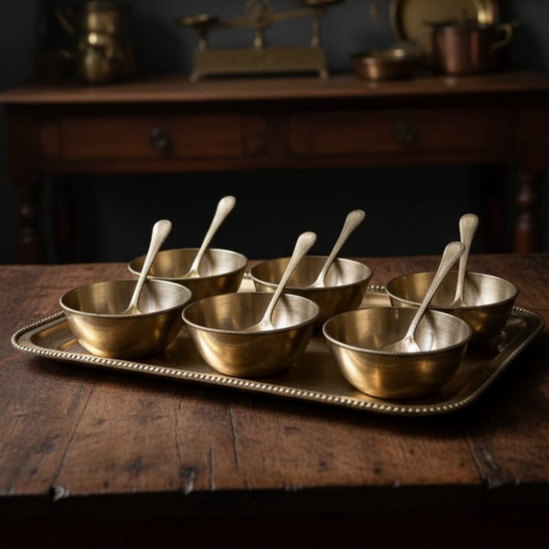 1972 Antique Brass Dessert Bowl Set with Serving Tray | Handcrafted Pital Tableware