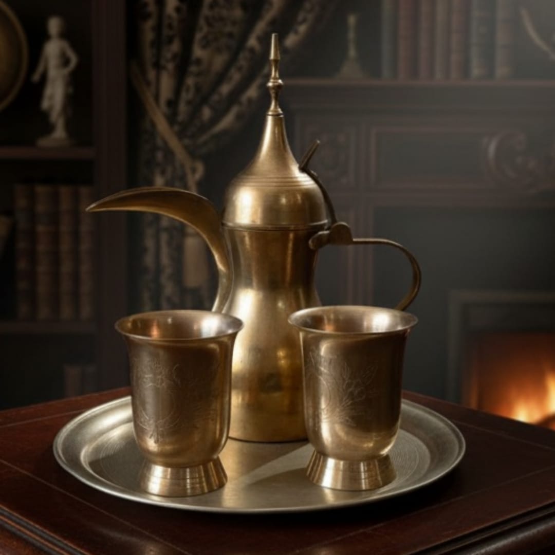 1968 Antique Brass Jug Set with Glasses & Serving Plate | Handcrafted Pital Tableware