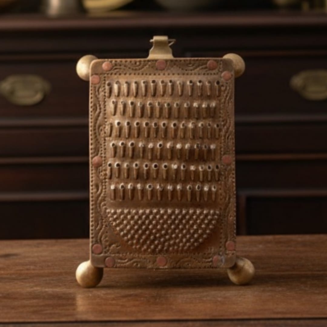 Antique Brass Engraved Grater | Solid Brass Kitchen Collectible Grater