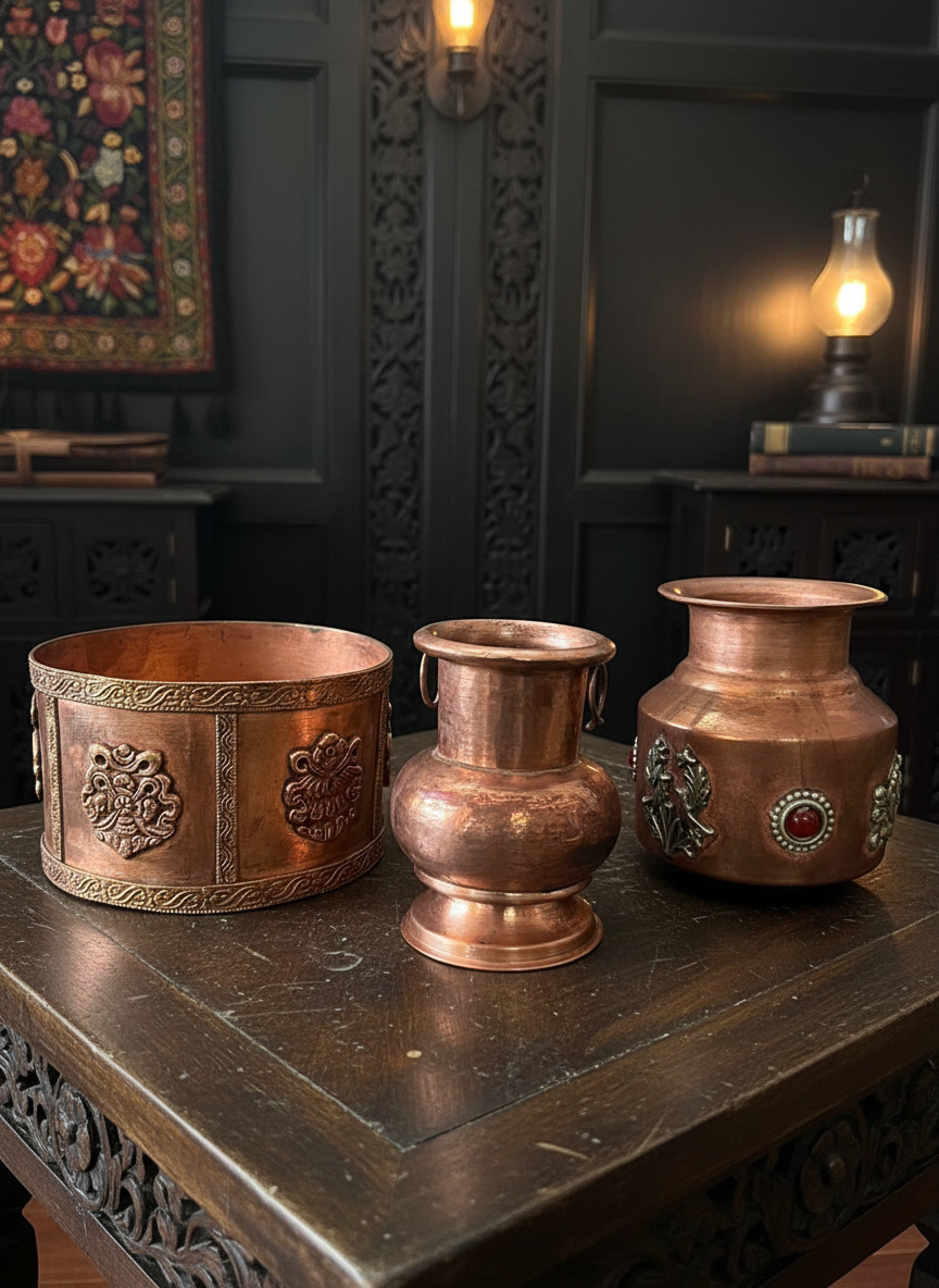 1967 Antique Copper Kalash and Bowl Set | Classic Copper Décor Collection