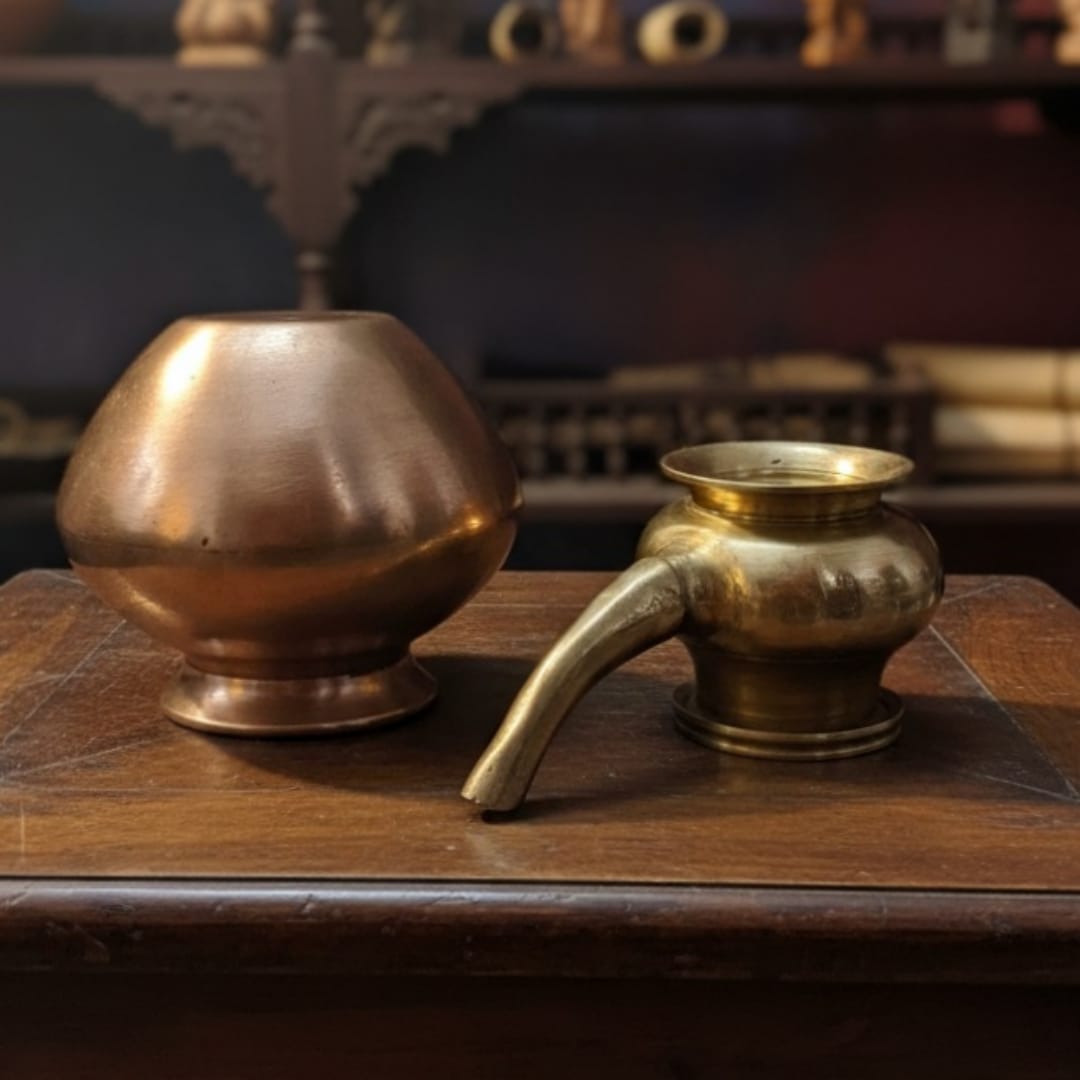 1992 Antique Brass Kalash and Small Kamandal Set | Classic Brass Water Vessel Pair