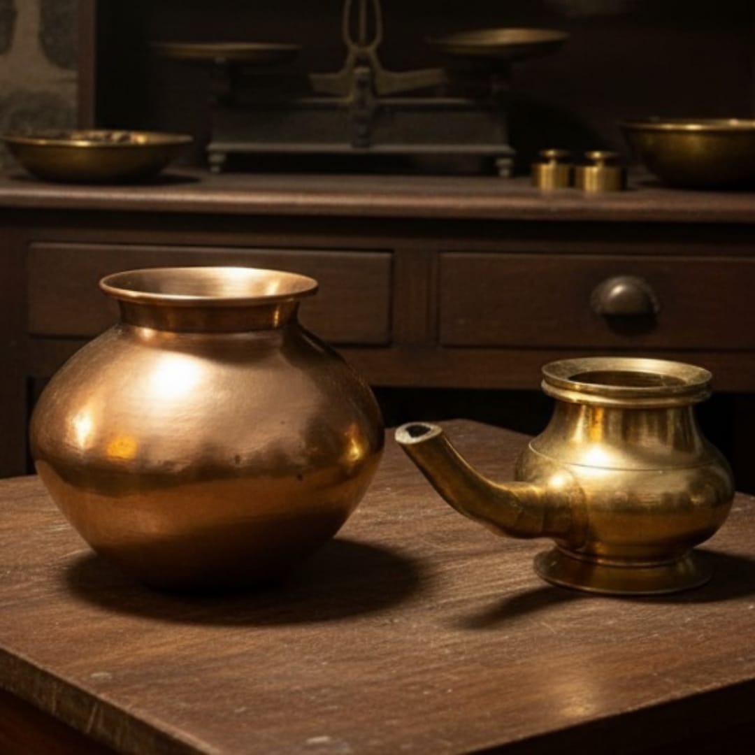 1992 Antique Brass Kalash and Small Kamandal Set | Classic Brass Water Vessel Pair