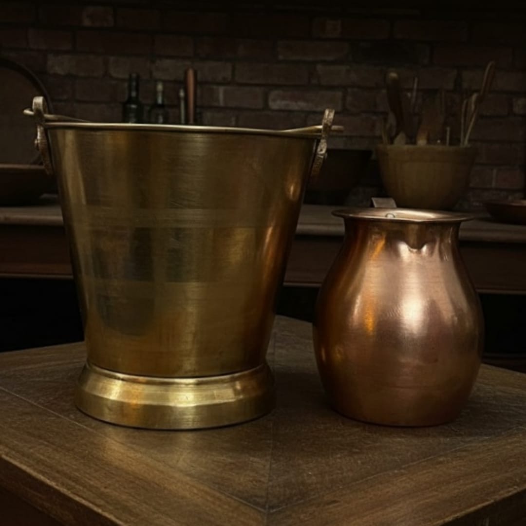1984 Antique Brass Small Bucket and Jug Pair | Classic Brass Décor and Utility Set
