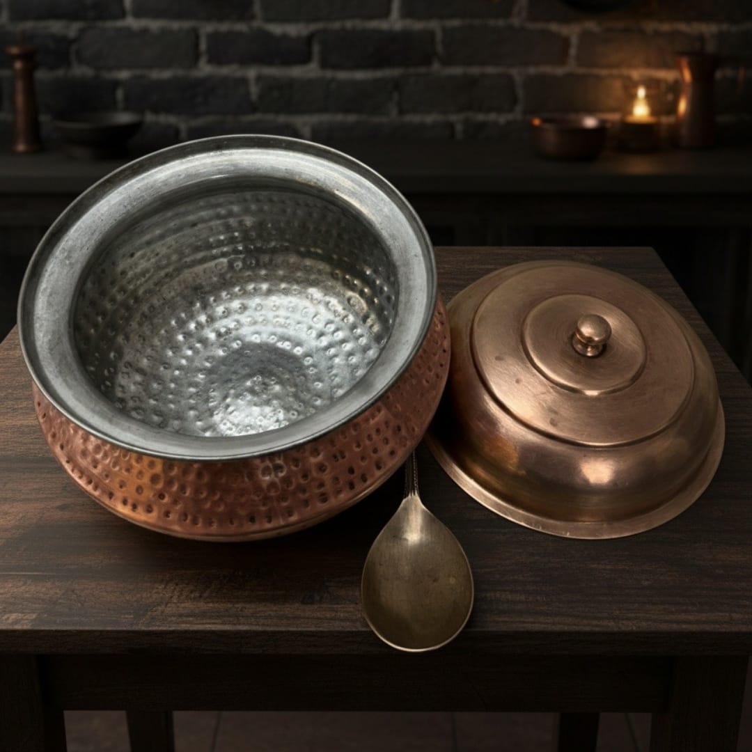 1985 Antique Copper Deg with Brass Spoon and Lid 4L | Copper Cooking Vessel Set