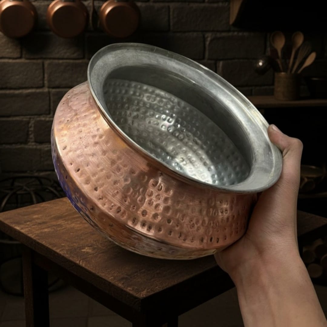 1985 Antique Copper Deg with Brass Spoon and Lid 4L | Copper Cooking Vessel Set