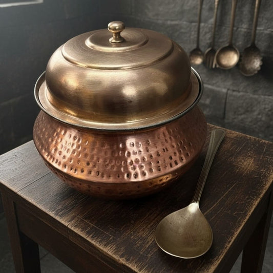 1985 Antique Copper Deg with Brass Spoon and Lid 4L | Copper Cooking Vessel Set