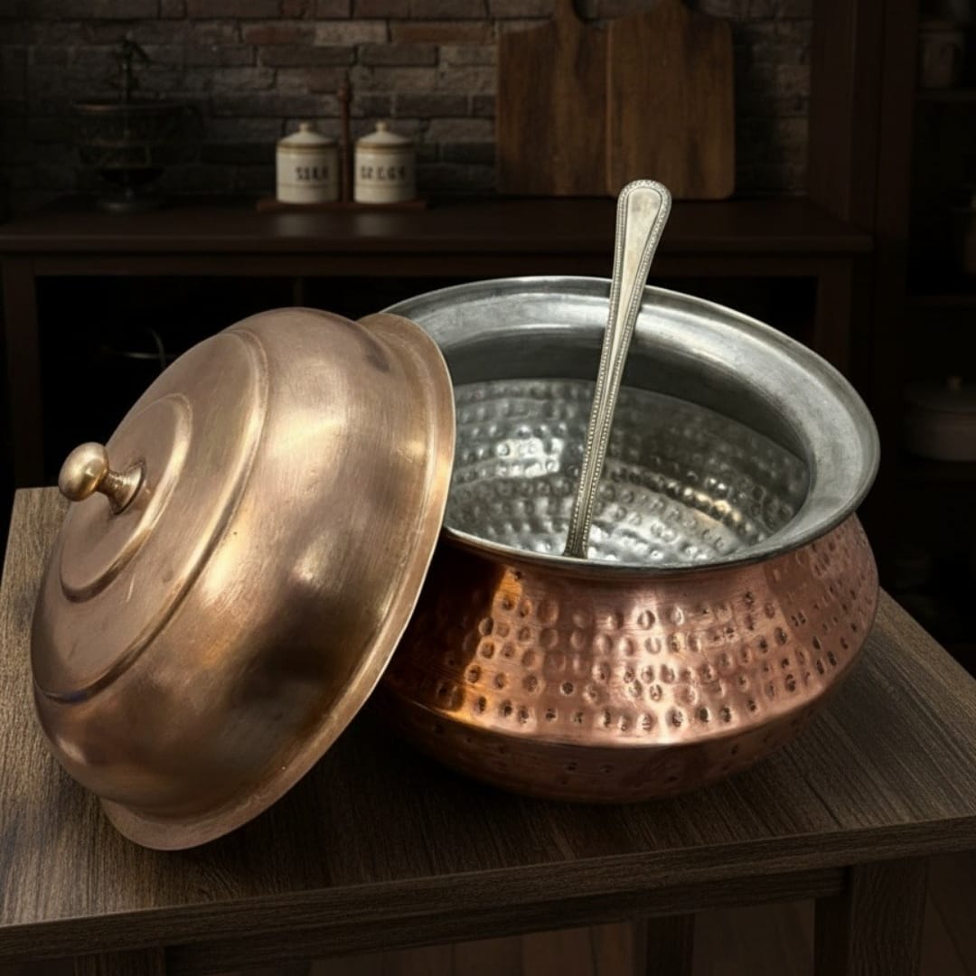 1985 Antique Copper Deg with Brass Spoon and Lid 4L | Copper Cooking Vessel Set