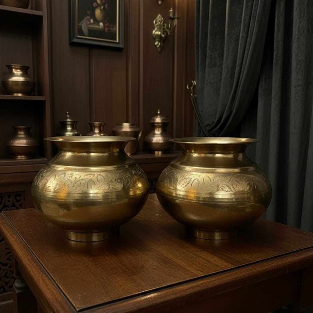 1985 Antique Brass Engraved Kalash Pair | Brass Kalash Set