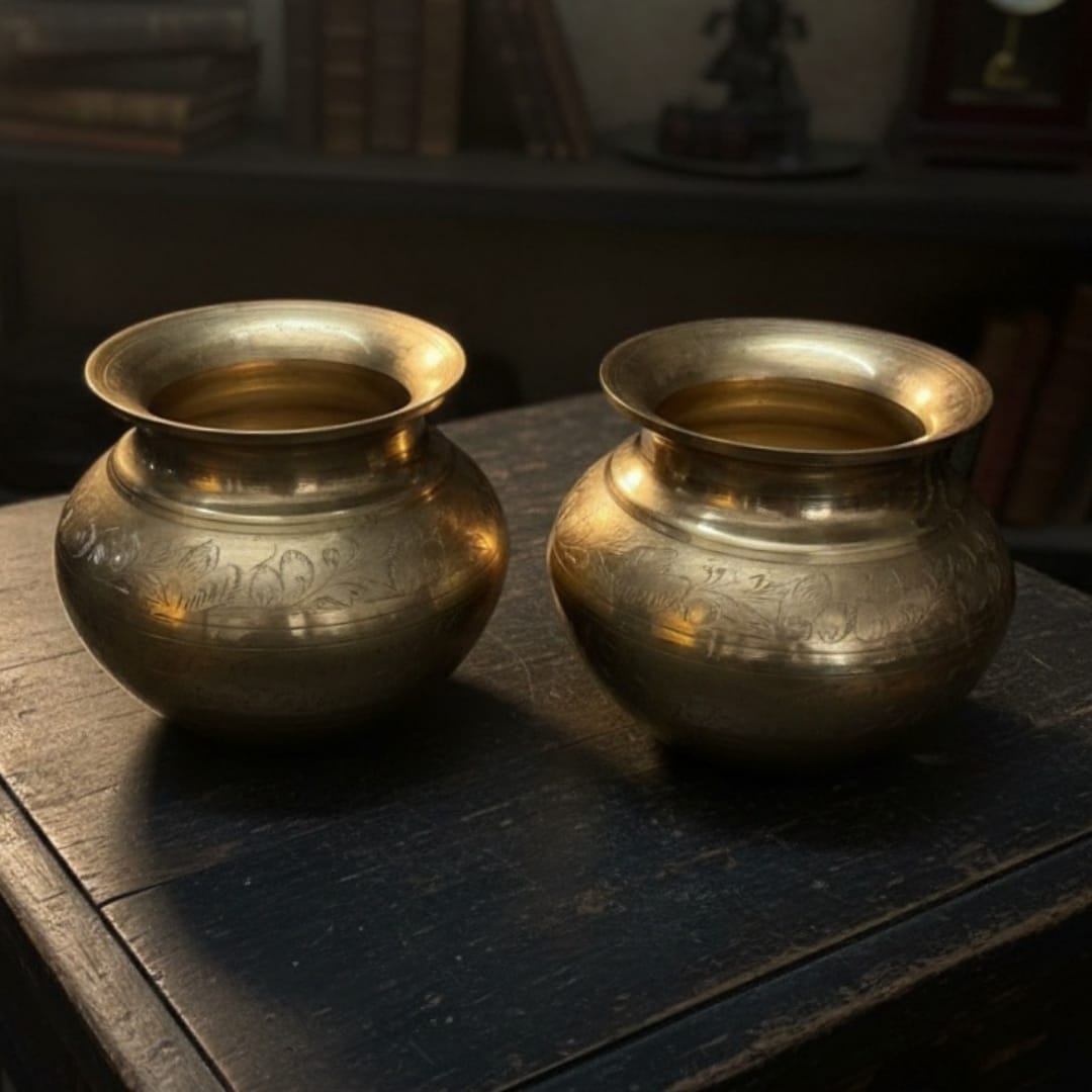 1985 Antique Brass Engraved Kalash Pair | Brass Kalash Set