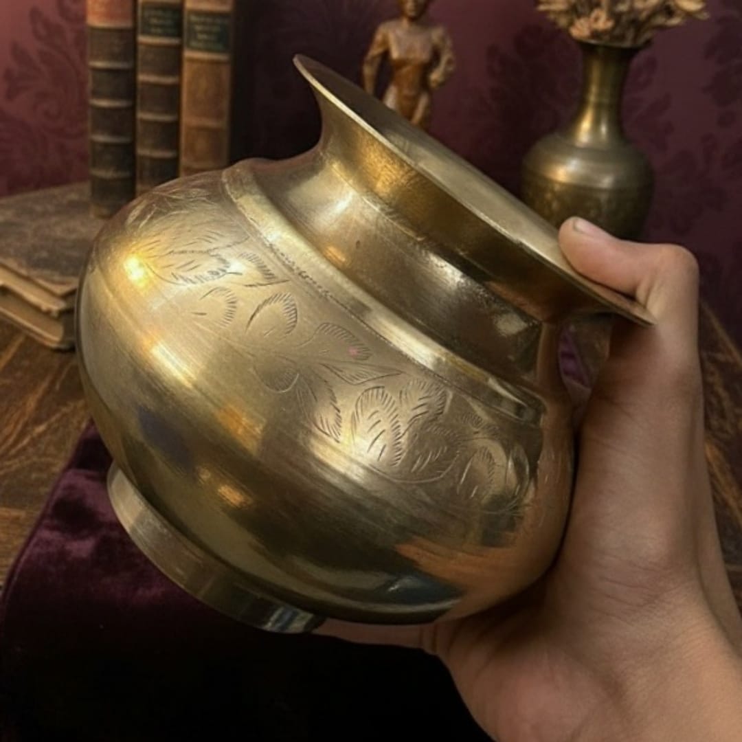 1985 Antique Brass Engraved Kalash Pair | Brass Kalash Set