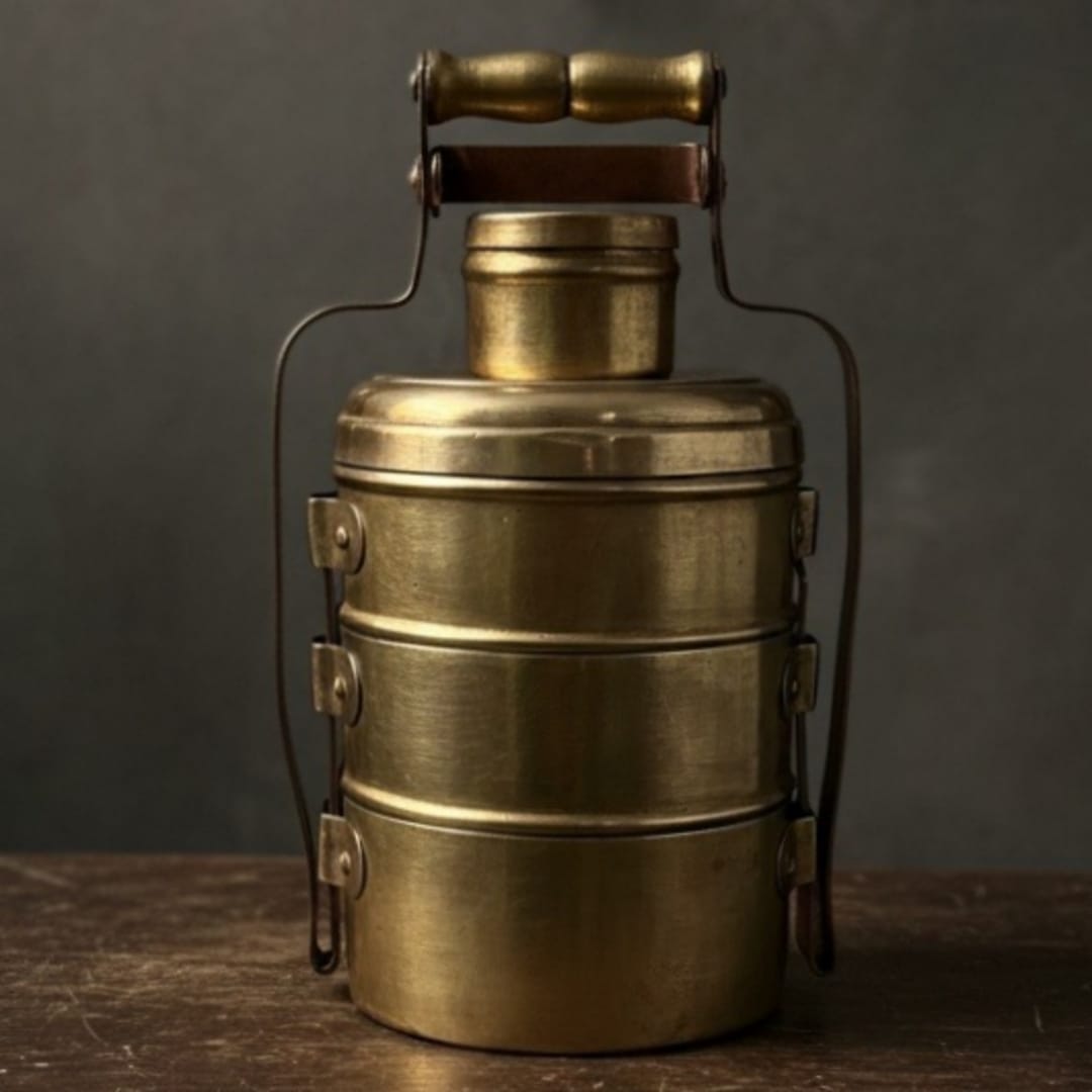 1973 Antique Brass Tiffin 3 Compartment | Handcrafted Brass Lunch Container