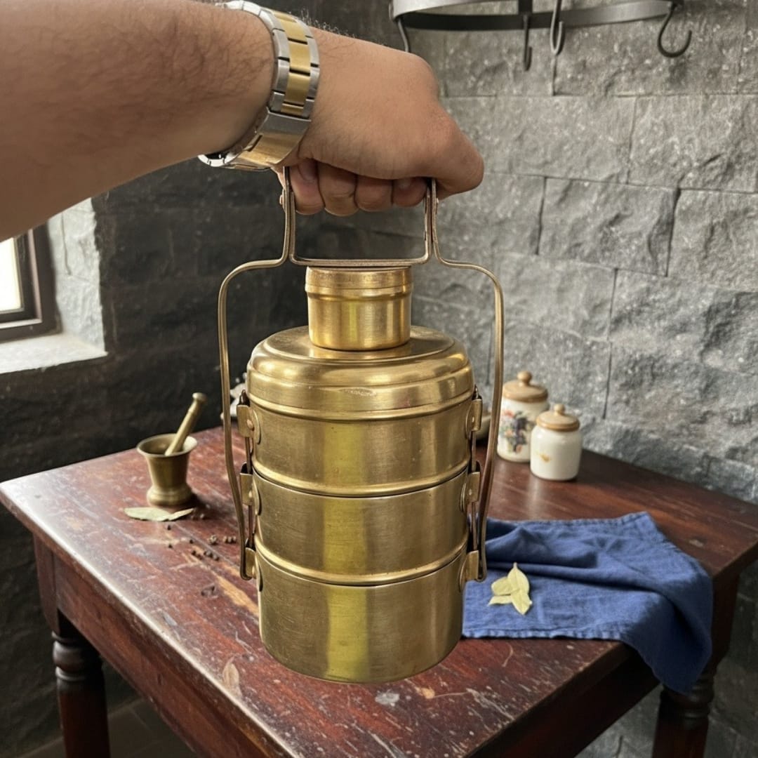 1973 Antique Brass Tiffin 3 Compartment | Handcrafted Brass Lunch Container