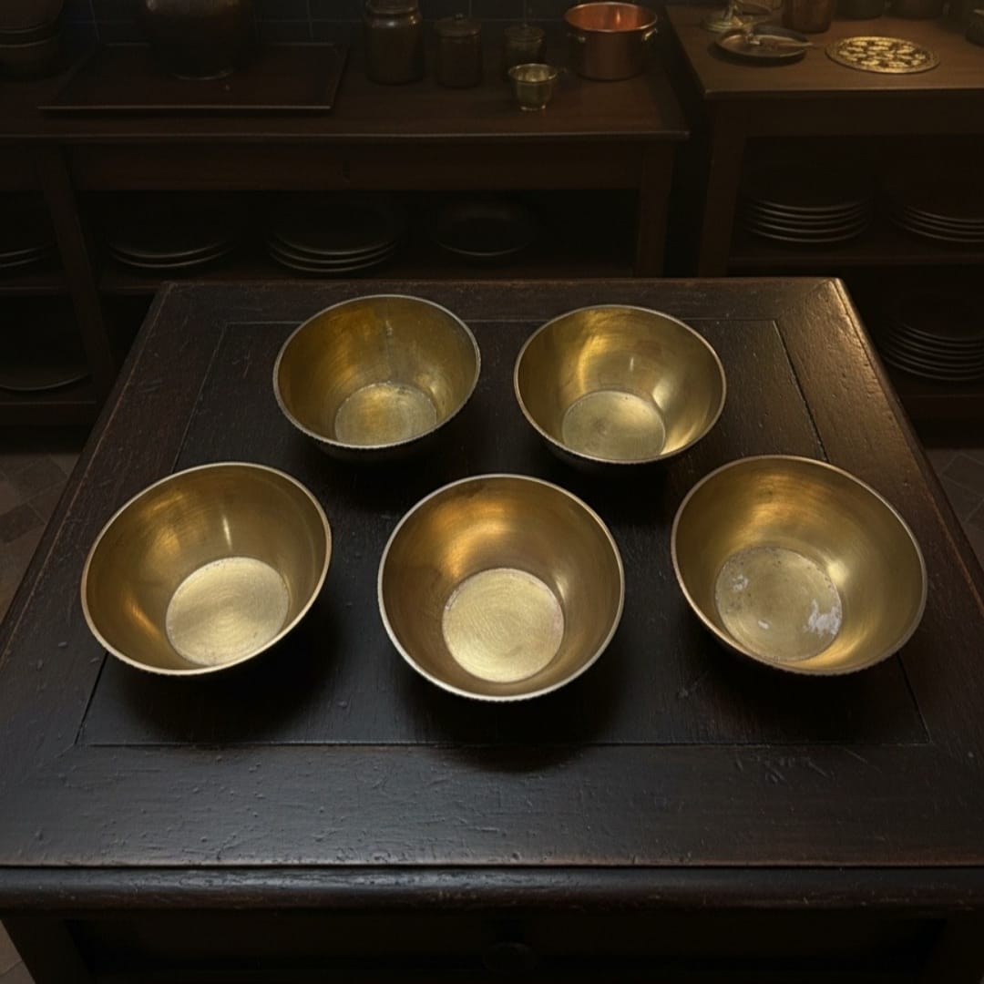 1974 Antique Brass Engraved Bowls Set of 5 with Spoons | Detailed Hand-Engraved Brass Tableware Set
