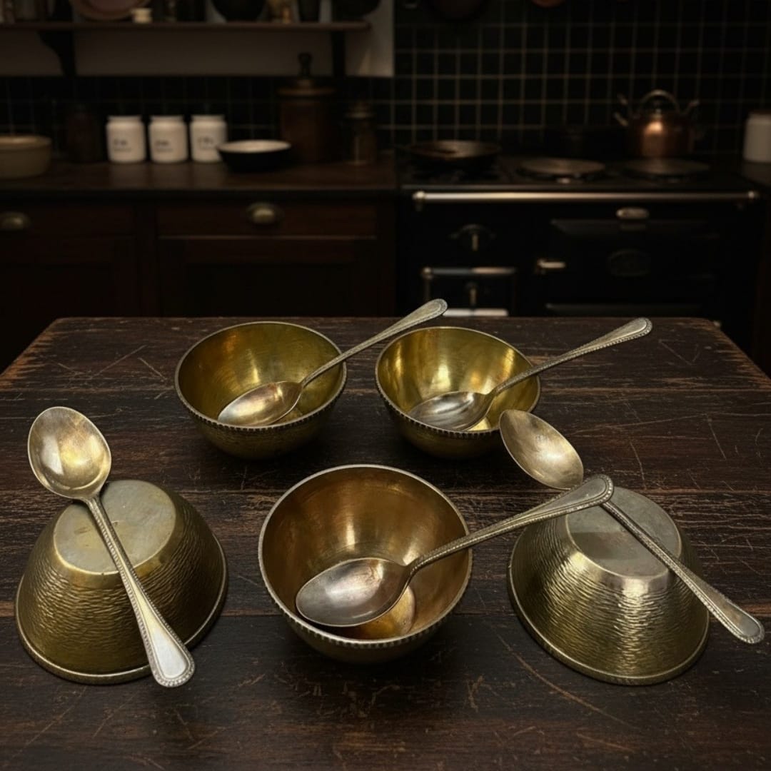 1974 Antique Brass Engraved Bowls Set of 5 with Spoons | Detailed Hand-Engraved Brass Tableware Set