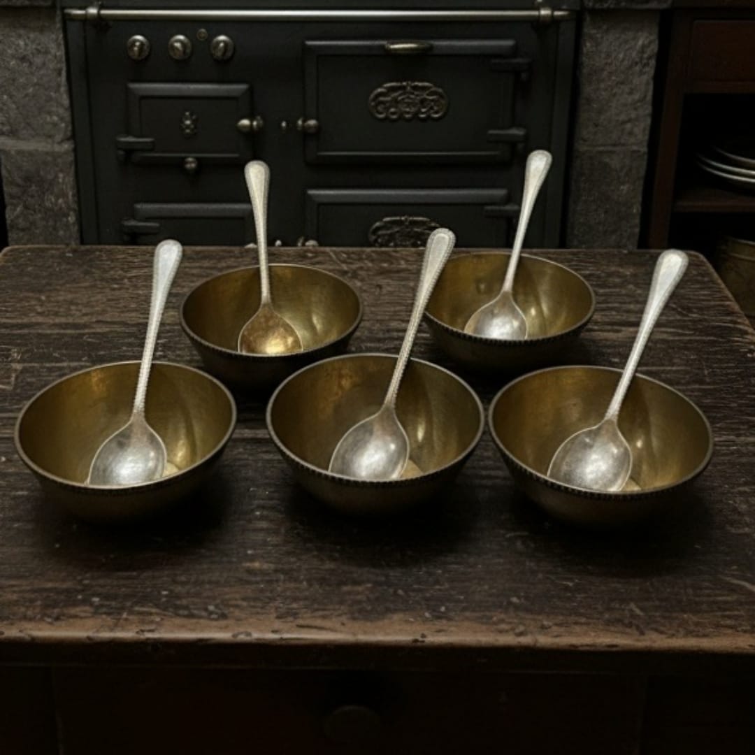 1974 Antique Brass Engraved Bowls Set of 5 with Spoons | Detailed Hand-Engraved Brass Tableware Set