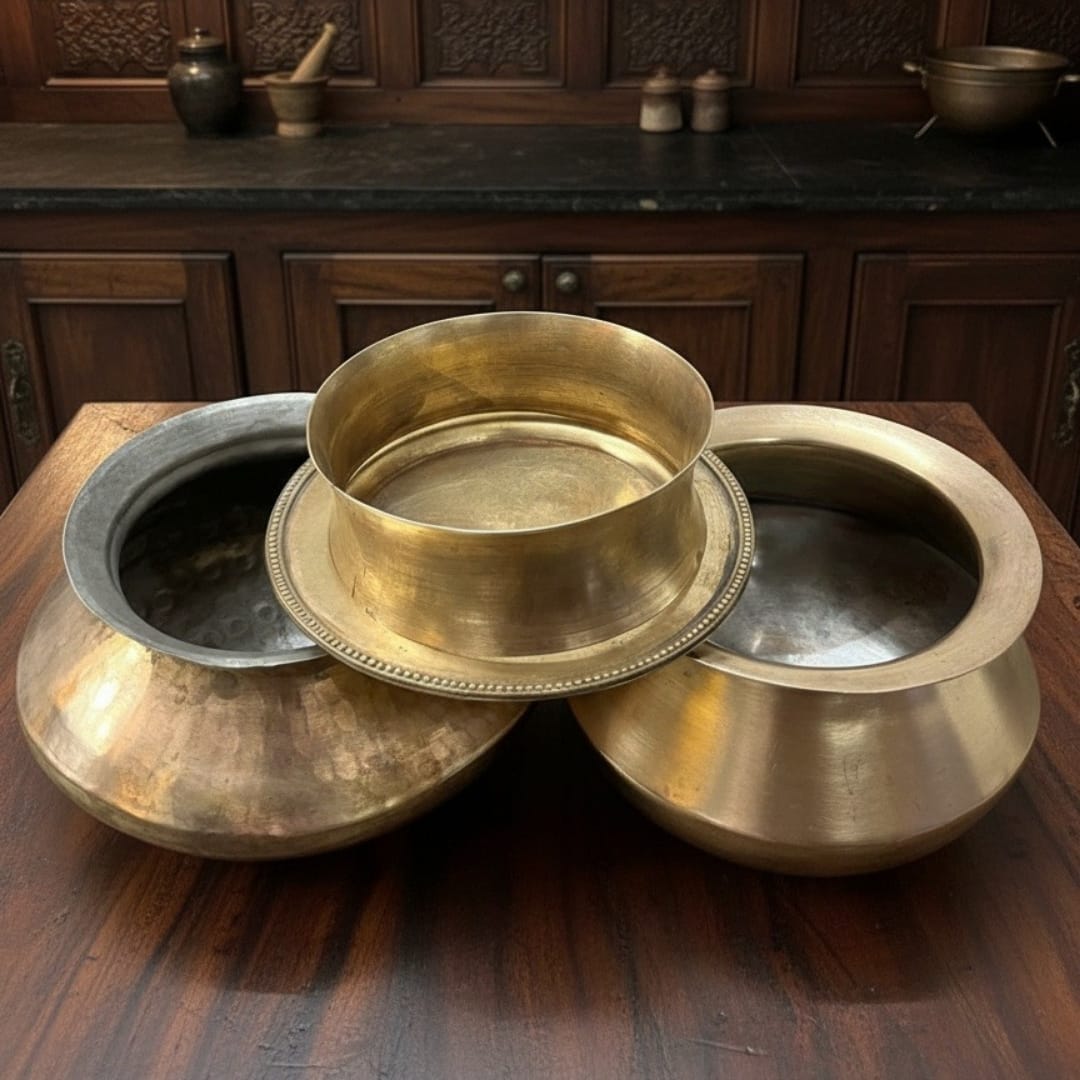 1995 Antique Brass Cooking Bowls Pair with Lid and Stand | Detailed Brass Serving Set