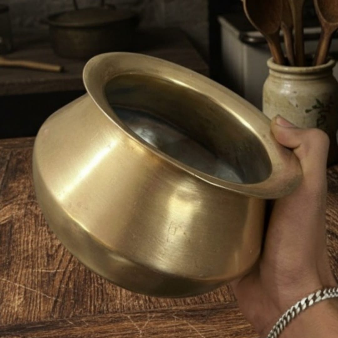 1995 Antique Brass Cooking Bowls Pair with Lid and Stand | Detailed Brass Serving Set
