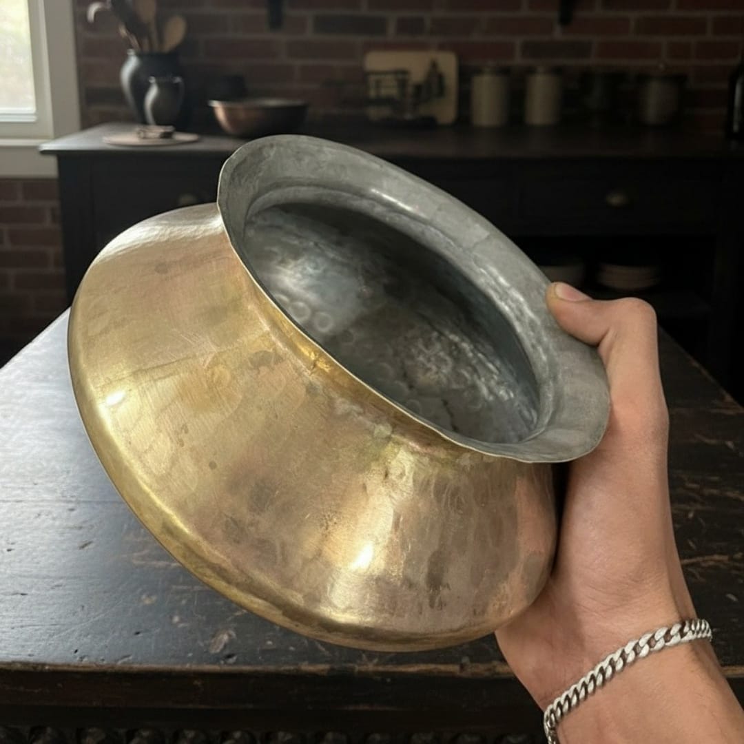 1995 Antique Brass Cooking Bowls Pair with Lid and Stand | Detailed Brass Serving Set