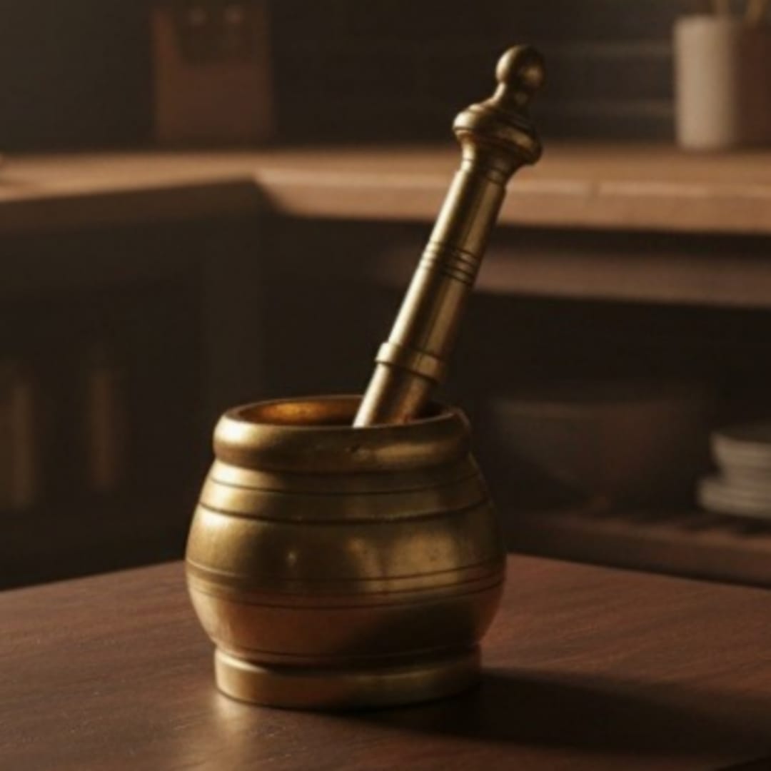 1974 Antique Brass Khalbatta | Heavy Brass Mortar and Pestle Set