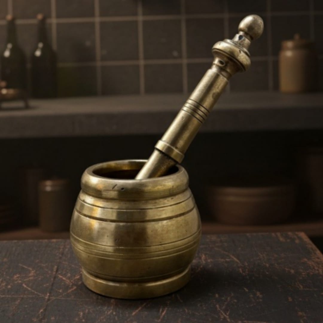 1974 Antique Brass Khalbatta | Heavy Brass Mortar and Pestle Set