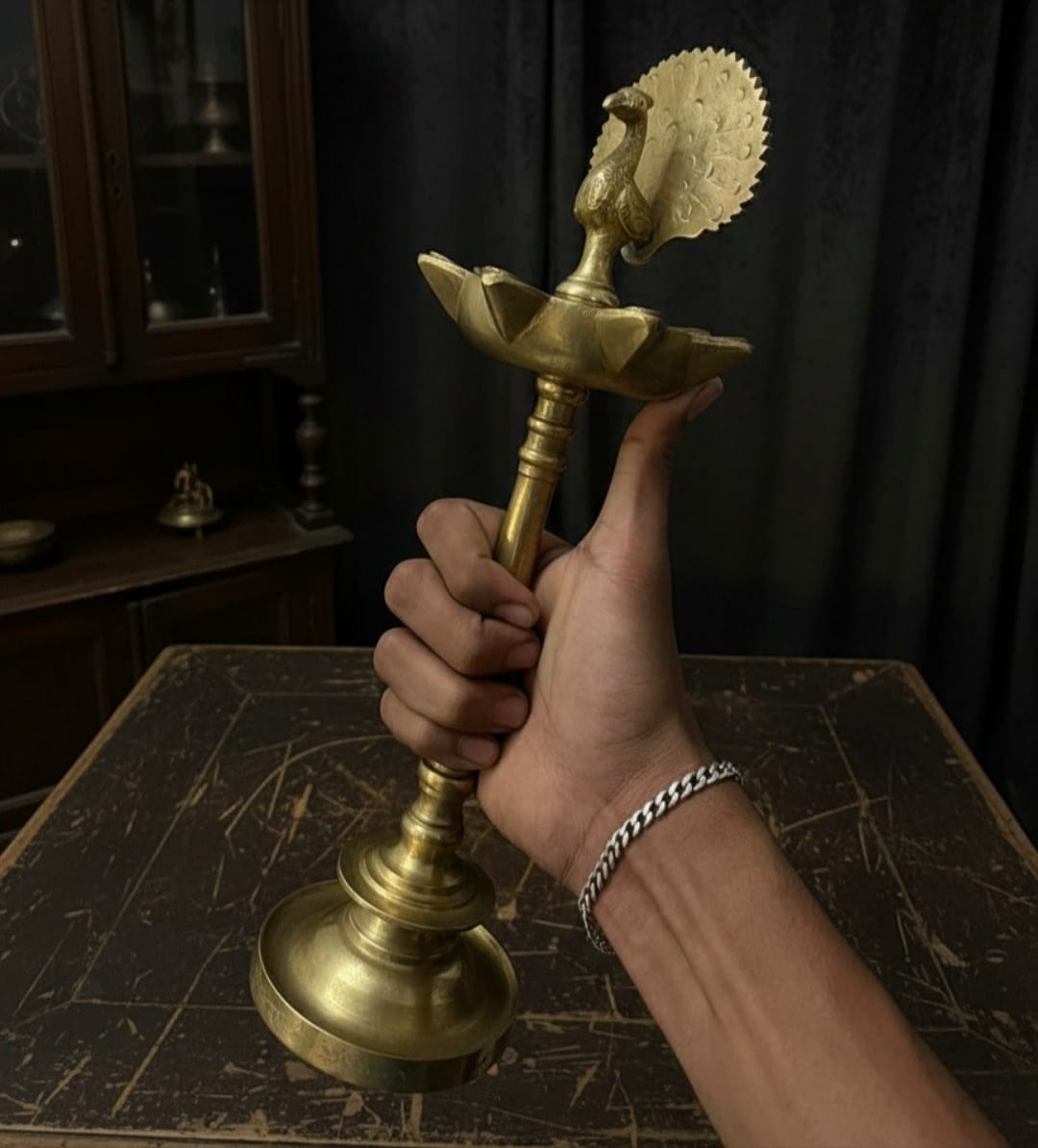 1973 Antique Brass Peacock Samay Pair | Tall Peacock-Form Brass Oil Lamps