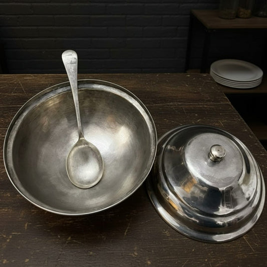 1986 Antique Brass Silver-Coated Serving Bowl with Spoon | Silver-Finished Brass Table Serving Piece