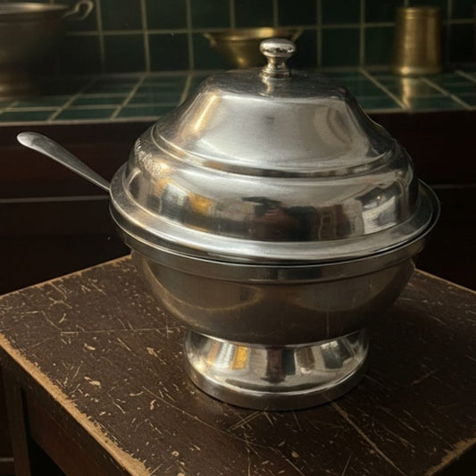 1986 Antique Brass Silver-Coated Serving Bowl with Spoon | Silver-Finished Brass Table Serving Piece