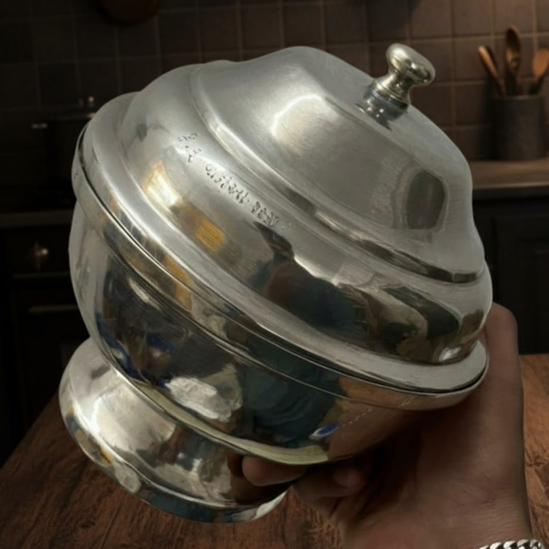 1986 Antique Brass Silver-Coated Serving Bowl with Spoon | Silver-Finished Brass Table Serving Piece