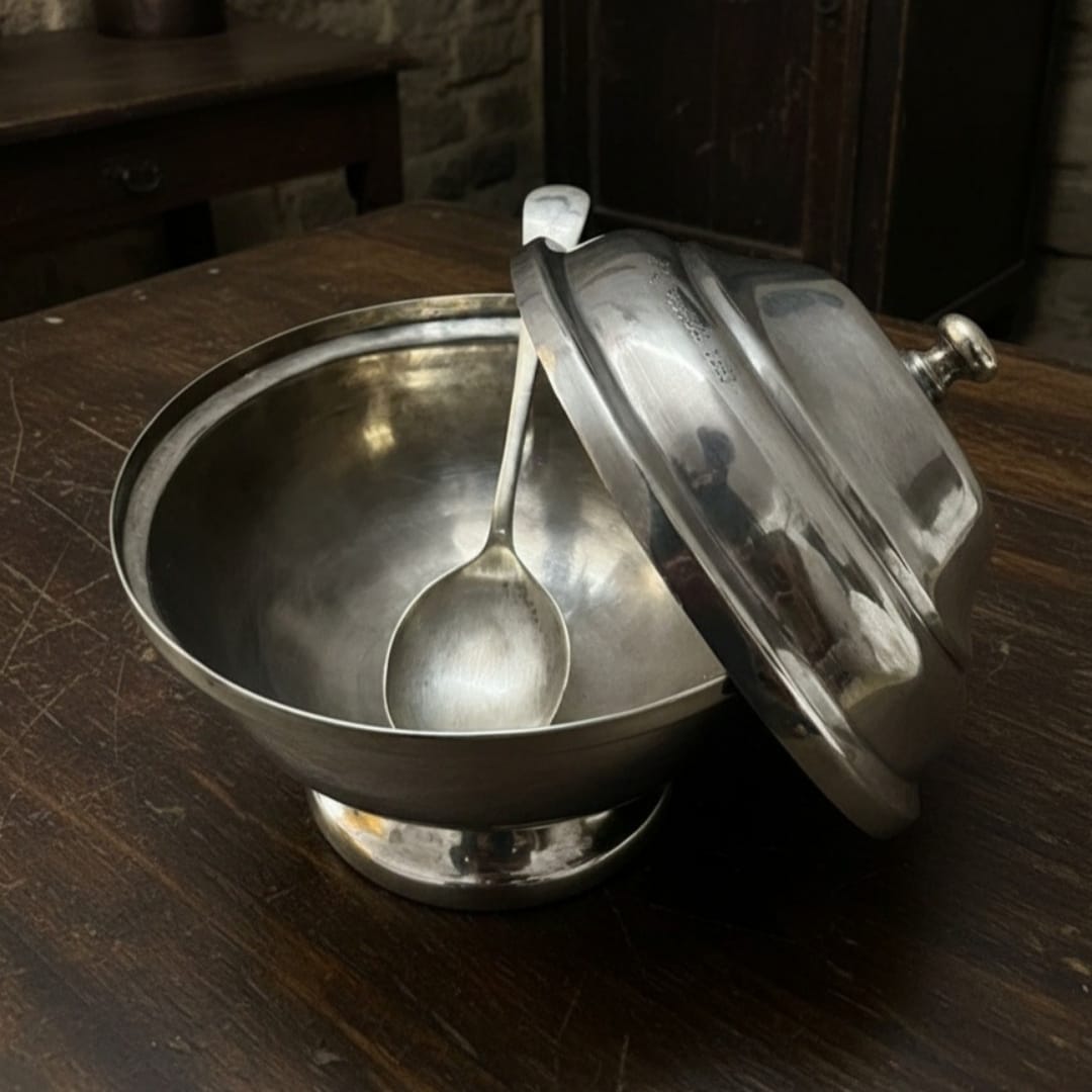 1986 Antique Brass Silver-Coated Serving Bowl with Spoon | Silver-Finished Brass Table Serving Piece