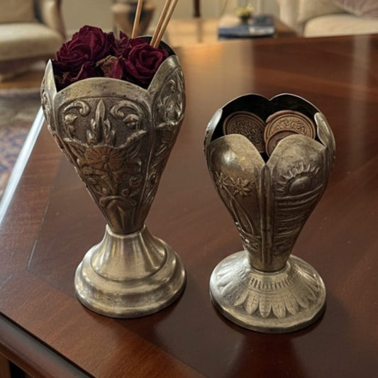 1975 Vintage German Silver Vase Pair | Vintage Tall Decorative Silver Vases