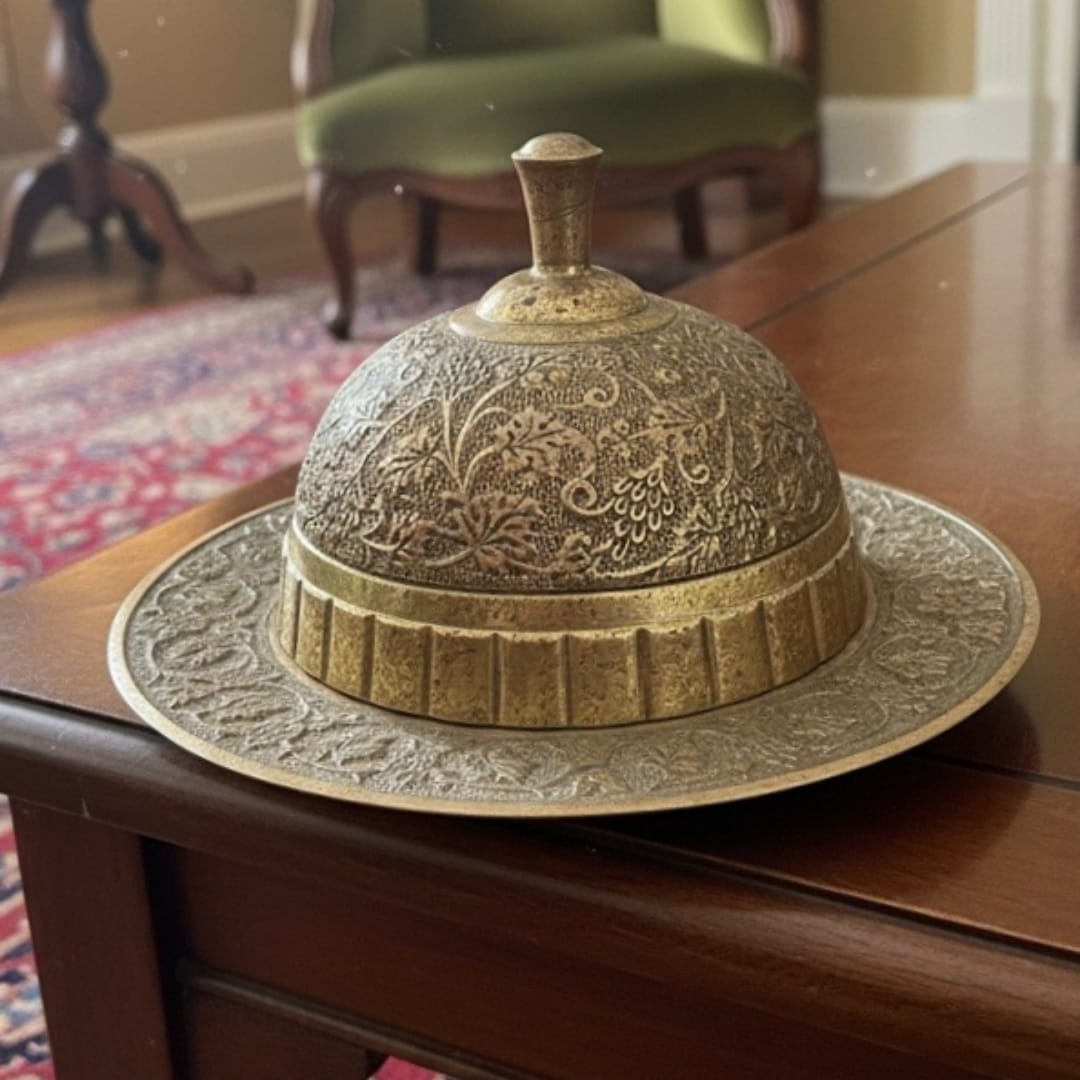 1986 Antique Brass Engraved Butter Bowl | Ornate Heritage Brass Serving Dish
