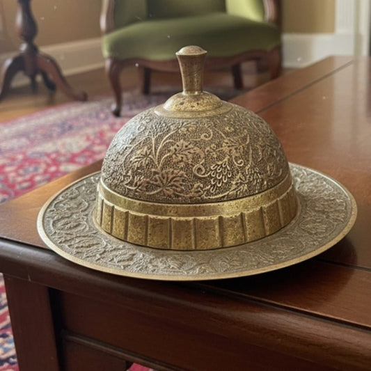 1986 Antique Brass Engraved Butter Bowl | Ornate Heritage Brass Serving Dish