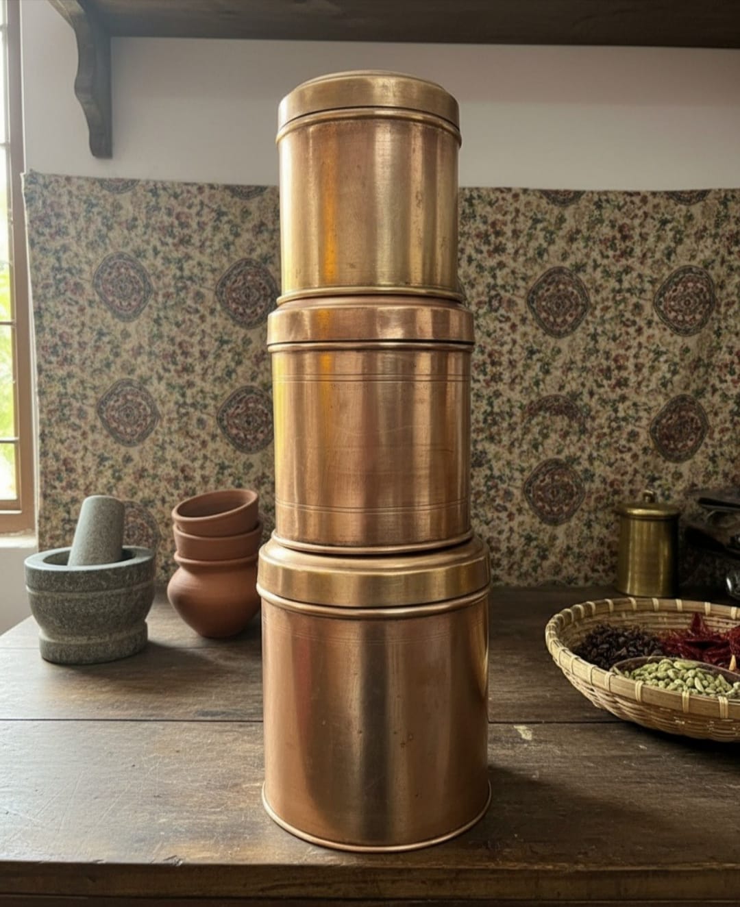 1985 Antique Brass Pedi Kati Box Set of 3 | Ornate Heritage Storage Nesting Boxes