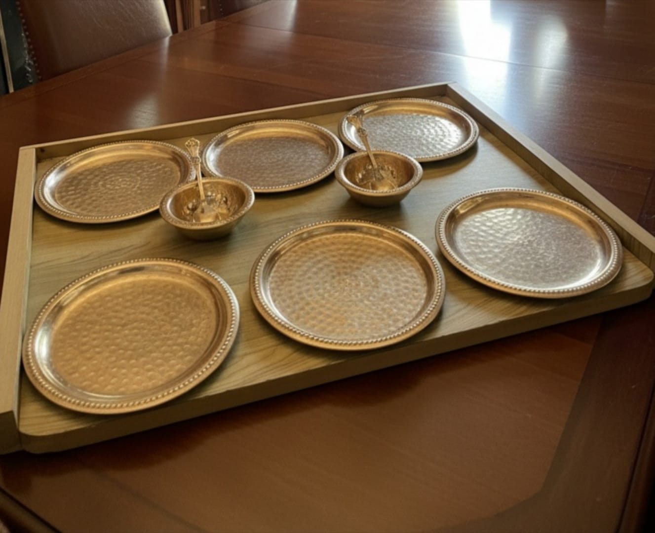 1990 Antique Brass Dinner Plate Set | Traditional Indian Thali Service with Bowls - Bombay Antiques