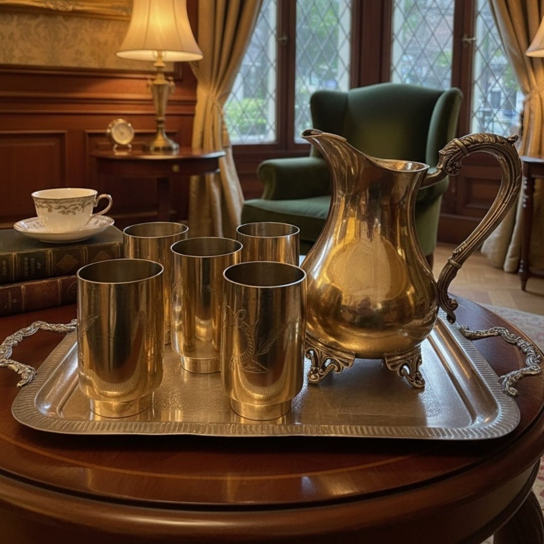 1985 Antique Brass Engraved Refreshment Set | English Barware Entertaining Collection