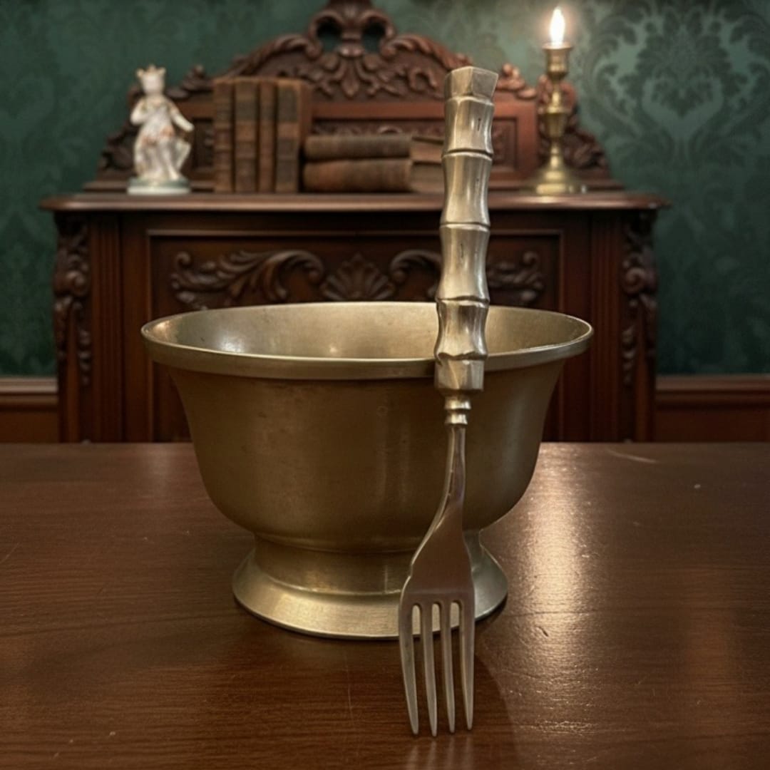 1988 Antique Bronze Bowl with Spoon | Traditional Serving Set