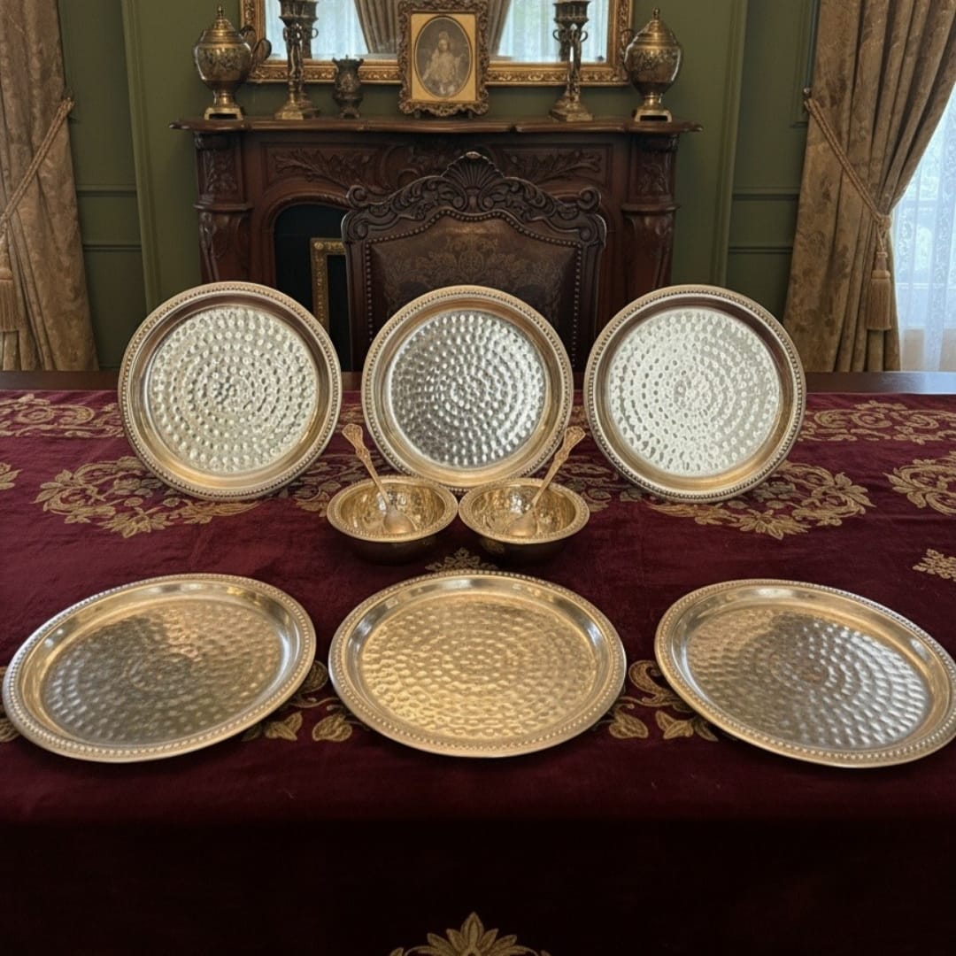 1990 Antique Brass Dinner Plate Set | Traditional Indian Thali Service with Bowls - Bombay Antiques