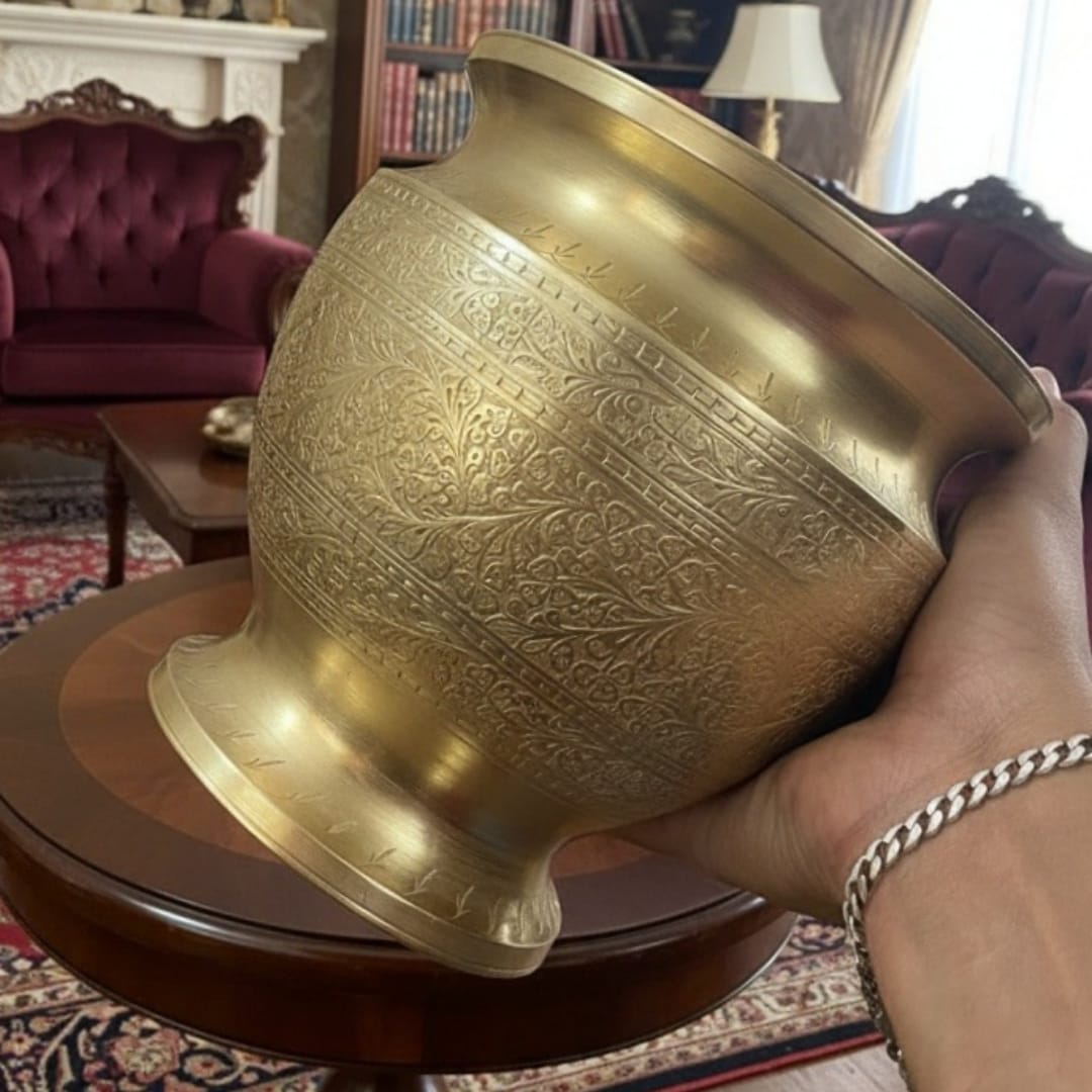 1987 Antique Brass Engraved Bowl Pair | Nested Capacity Serving Collection
