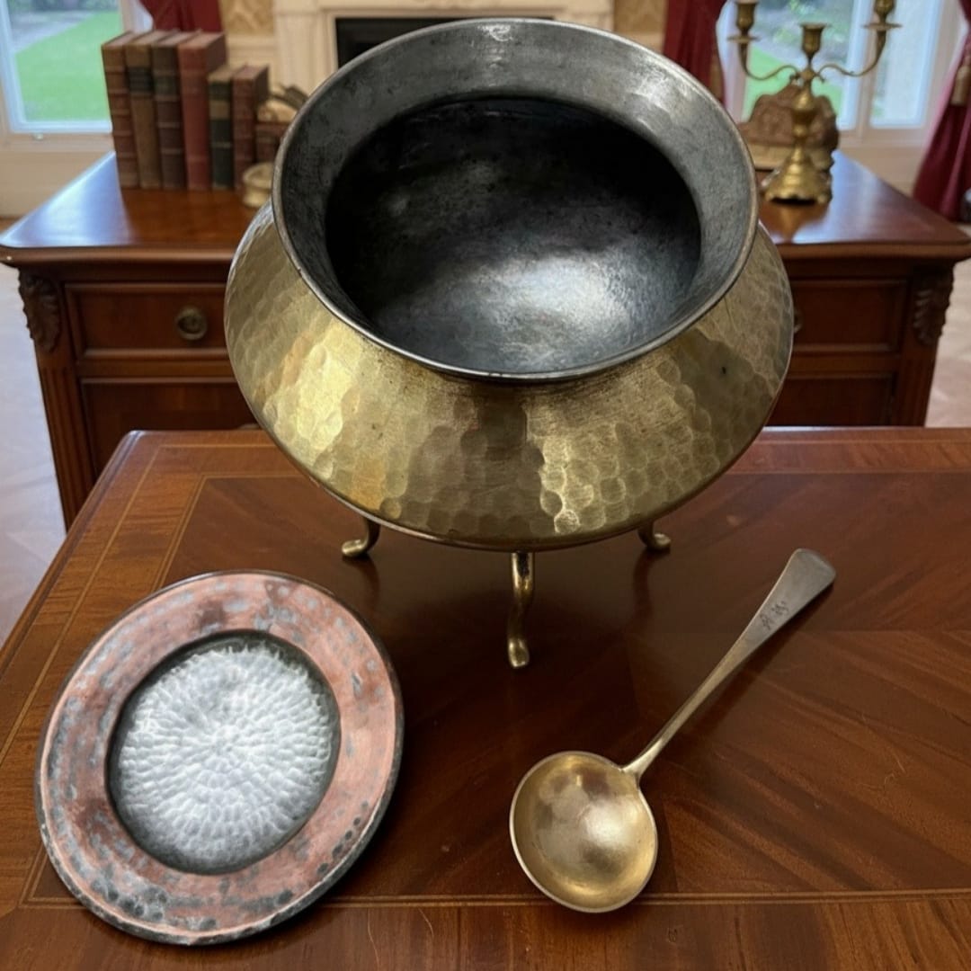 1989 Antique Brass Cooking Bowl Set | Complete Lid Ladle Stand Ensemble