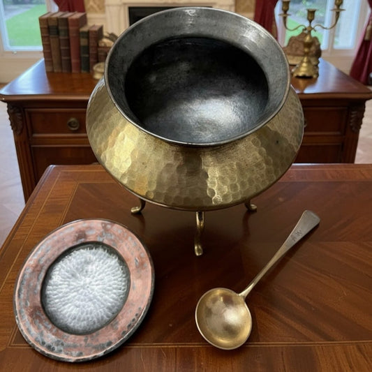 1989 Antique Brass Cooking Bowl Set | Complete Lid Ladle Stand Ensemble