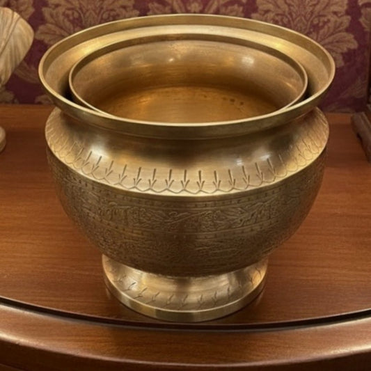 1987 Antique Brass Engraved Bowl Pair | Nested Capacity Serving Collection