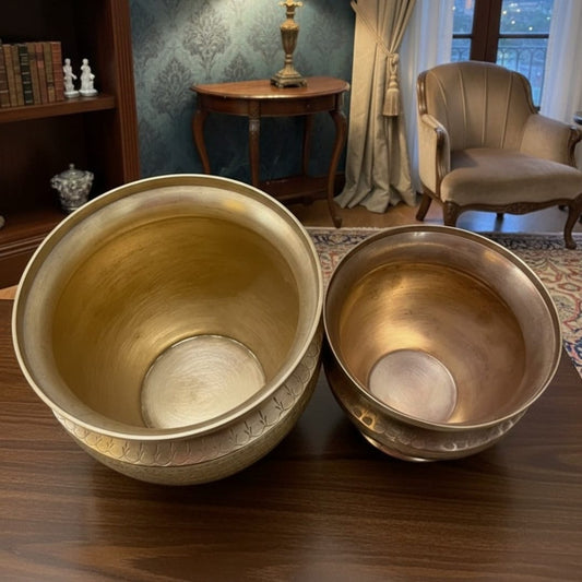 1987 Antique Brass Engraved Bowl Pair | Nested Capacity Serving Collection
