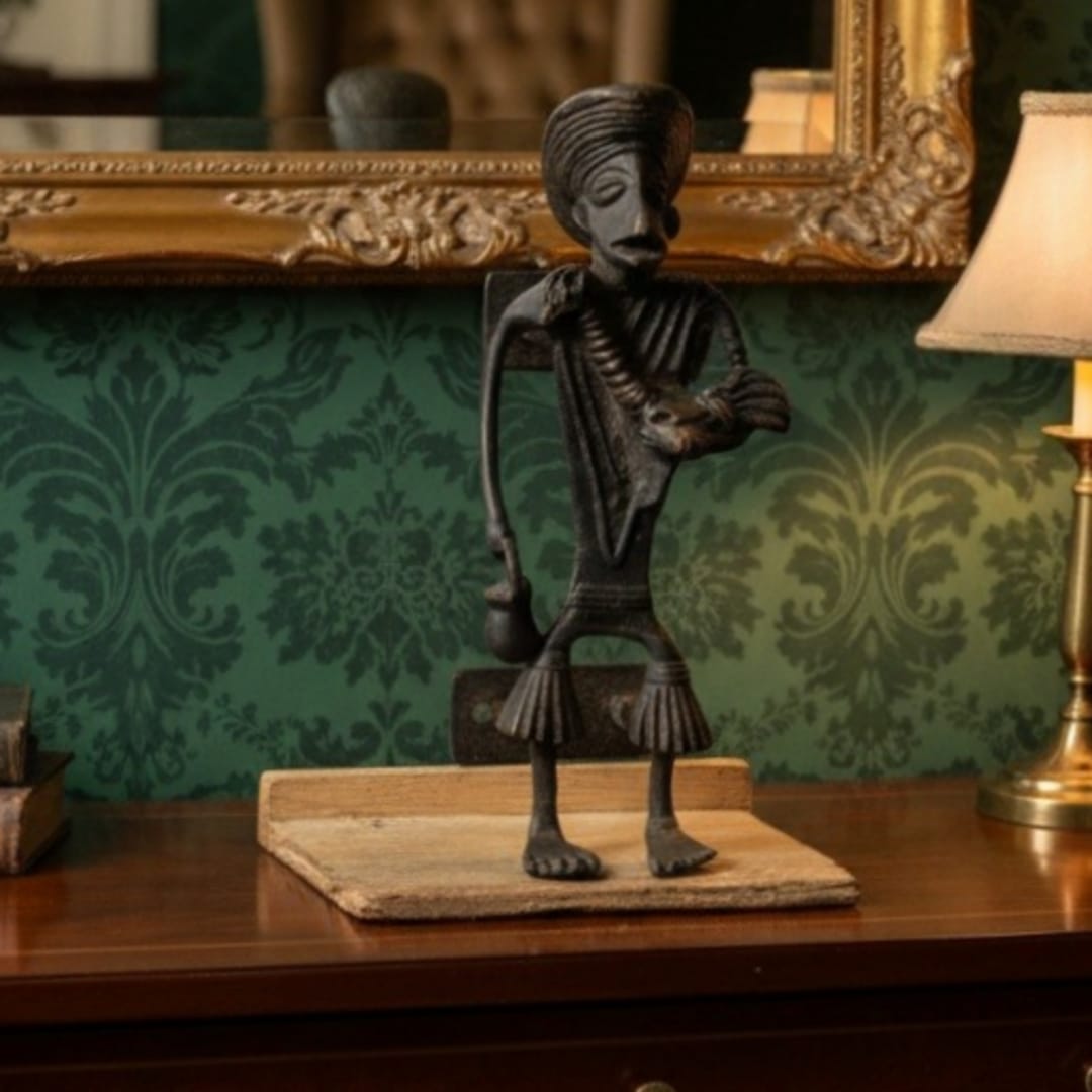 1972 Antique Brass Tribal Art Door Handle | Architectural Brass Grip Accent